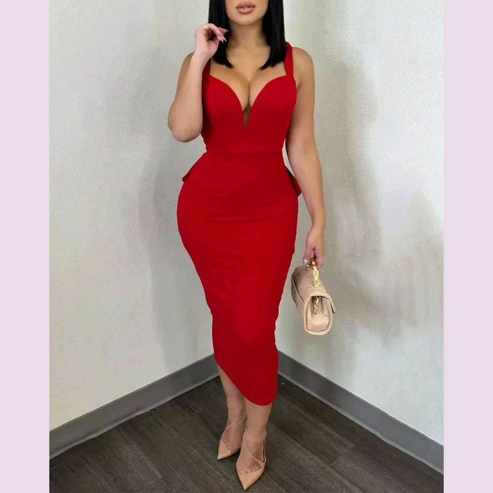 Summer 2024 Vestidos Sexy Party Dresses Women Plunging V-neck Sleeveless Backless Bowknot Ruffles Back Bodycon Midi Dress - KIMLUD