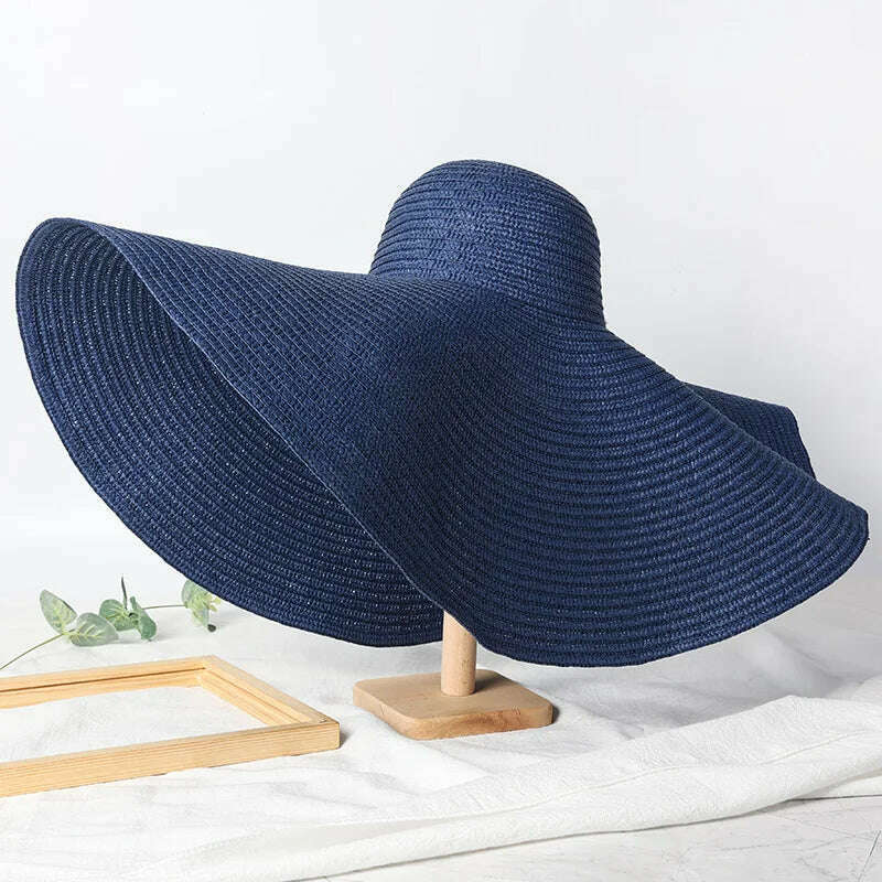 KIMLUD, Summer 70cm Large Wide Brim Sun Hats For Women Oversized Beach Hat Foldable Travel Straw Hat Lady UV Protection Sun Shade Hat, navy blue / 54-57cm, KIMLUD Womens Clothes