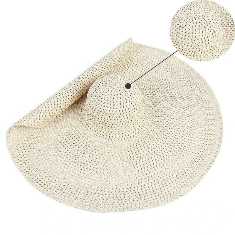 KIMLUD, Summer 70cm Large Wide Brim Sun Hats For Women Oversized Beach Hat Foldable Travel Straw Hat Lady UV Protection Sun Shade Hat, hollow beige / 54-57cm, KIMLUD Womens Clothes