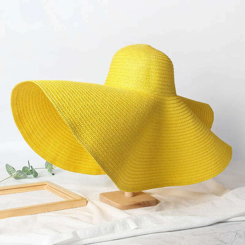 KIMLUD, Summer 70cm Large Wide Brim Sun Hats For Women Oversized Beach Hat Foldable Travel Straw Hat Lady UV Protection Sun Shade Hat, yellow / 54-57cm, KIMLUD Womens Clothes