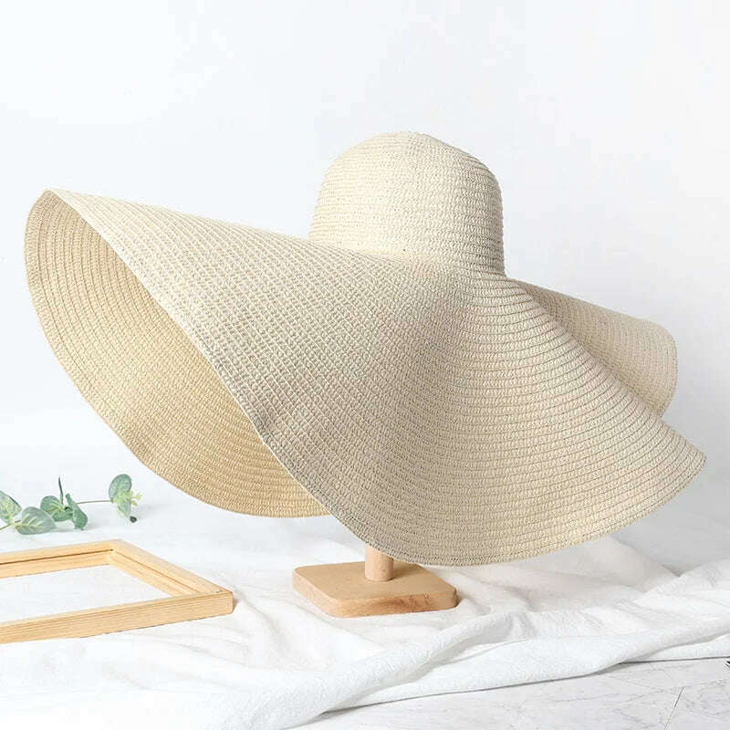 KIMLUD, Summer 70cm Large Wide Brim Sun Hats For Women Oversized Beach Hat Foldable Travel Straw Hat Lady UV Protection Sun Shade Hat, beige / 54-57cm, KIMLUD Womens Clothes