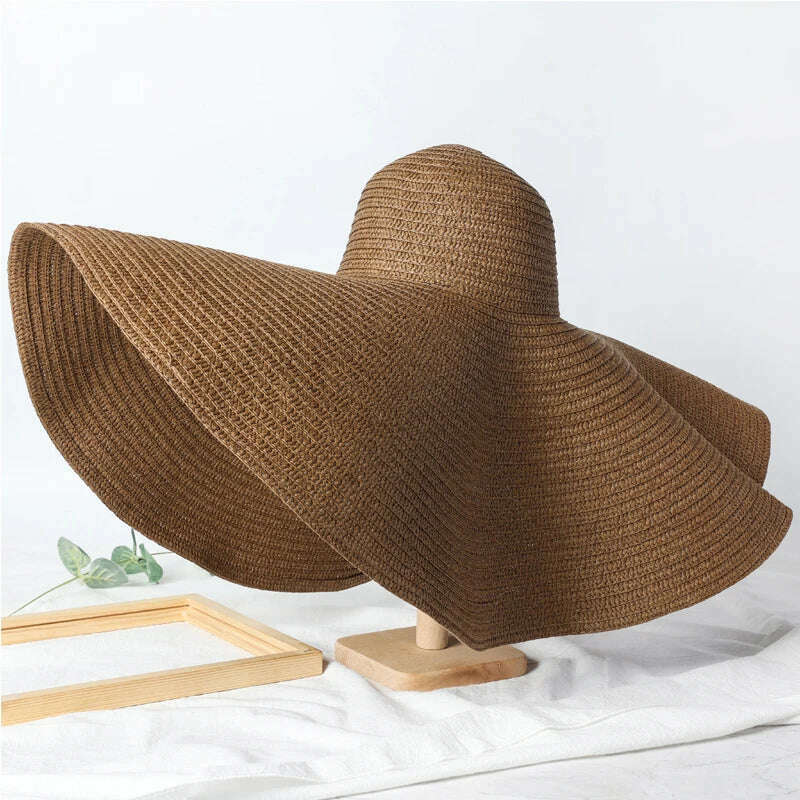 KIMLUD, Summer 70cm Large Wide Brim Sun Hats For Women Oversized Beach Hat Foldable Travel Straw Hat Lady UV Protection Sun Shade Hat, Brown / 54-57cm, KIMLUD Womens Clothes