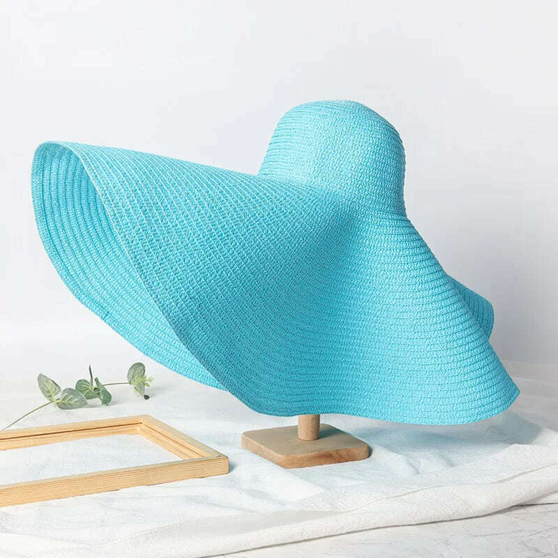 KIMLUD, Summer 70cm Large Wide Brim Sun Hats For Women Oversized Beach Hat Foldable Travel Straw Hat Lady UV Protection Sun Shade Hat, light blue / 54-57cm, KIMLUD Womens Clothes