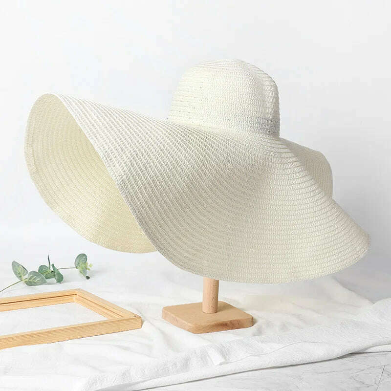 KIMLUD, Summer 70cm Large Wide Brim Sun Hats For Women Oversized Beach Hat Foldable Travel Straw Hat Lady UV Protection Sun Shade Hat, milk white / 54-57cm, KIMLUD Womens Clothes