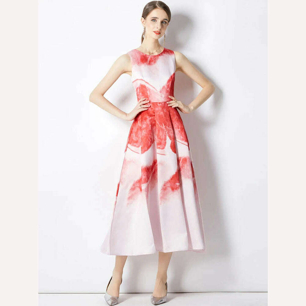 KIMLUD, Summer Autumn Elegant Sweet Pattern Tank Dress Women's Sleeveless Floral Printing High Waist Ball Gown Evening Party Vestidos, KIMLUD Womens Clothes