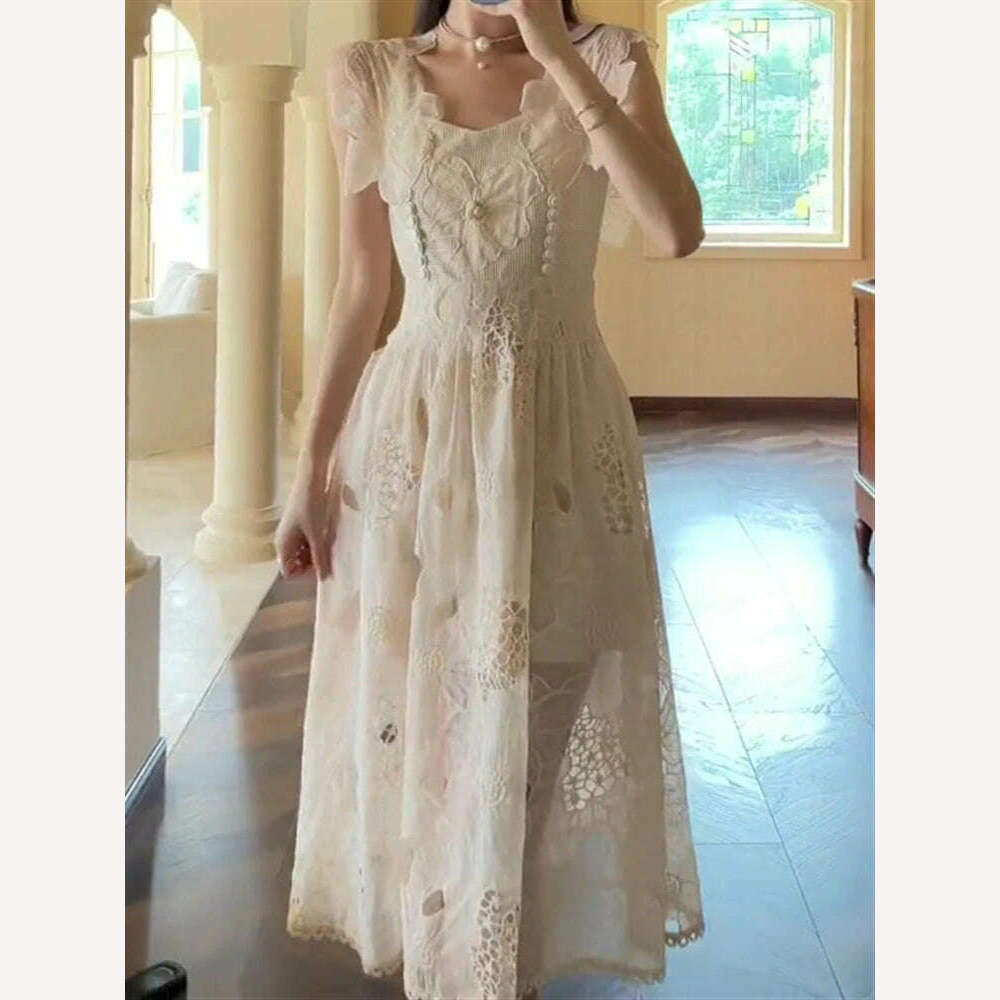 Summer Beach Lace Runway Dress 2022 Sexy Sundress Women Embroidery Backless Boho Party Sleeveless Solid White Woman Vestido Maxi - KIMLUD