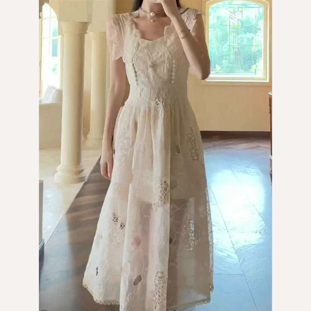 Summer Beach Lace Runway Dress 2022 Sexy Sundress Women Embroidery Backless Boho Party Sleeveless Solid White Woman Vestido Maxi - KIMLUD