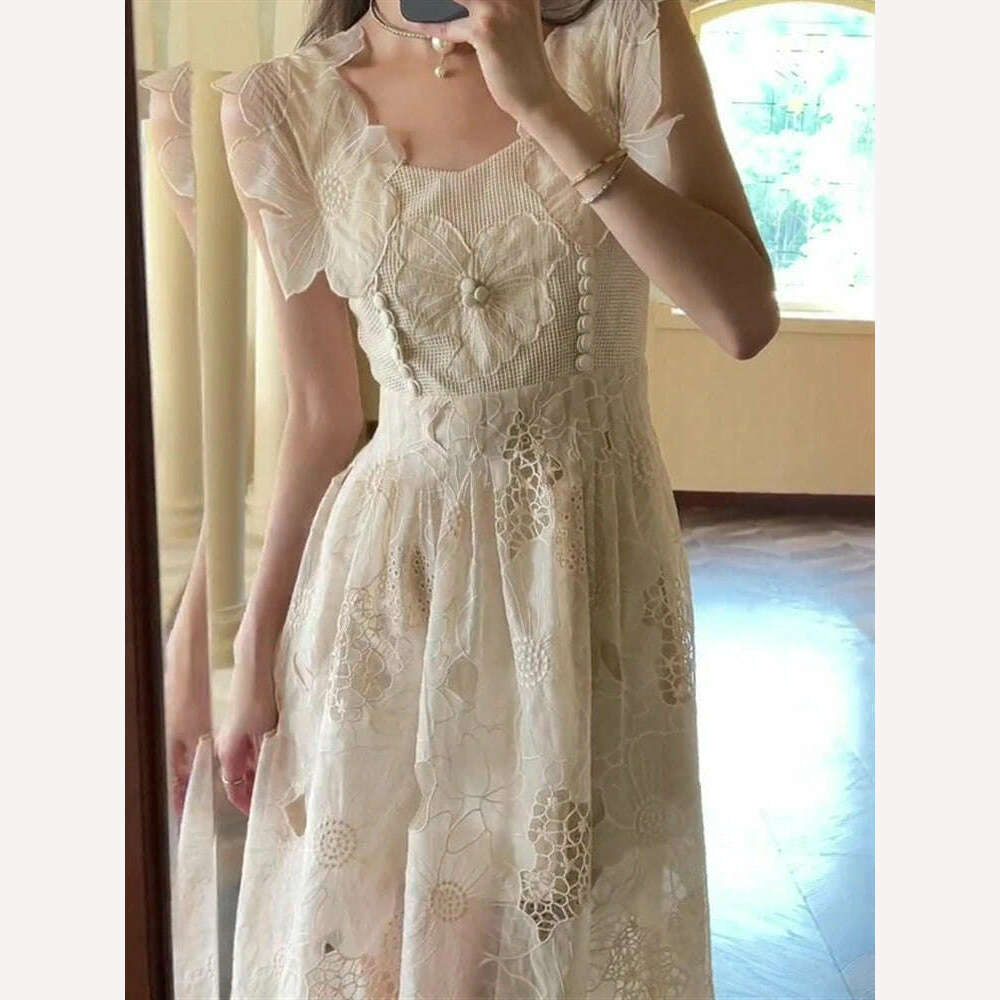 Summer Beach Lace Runway Dress 2022 Sexy Sundress Women Embroidery Backless Boho Party Sleeveless Solid White Woman Vestido Maxi - KIMLUD