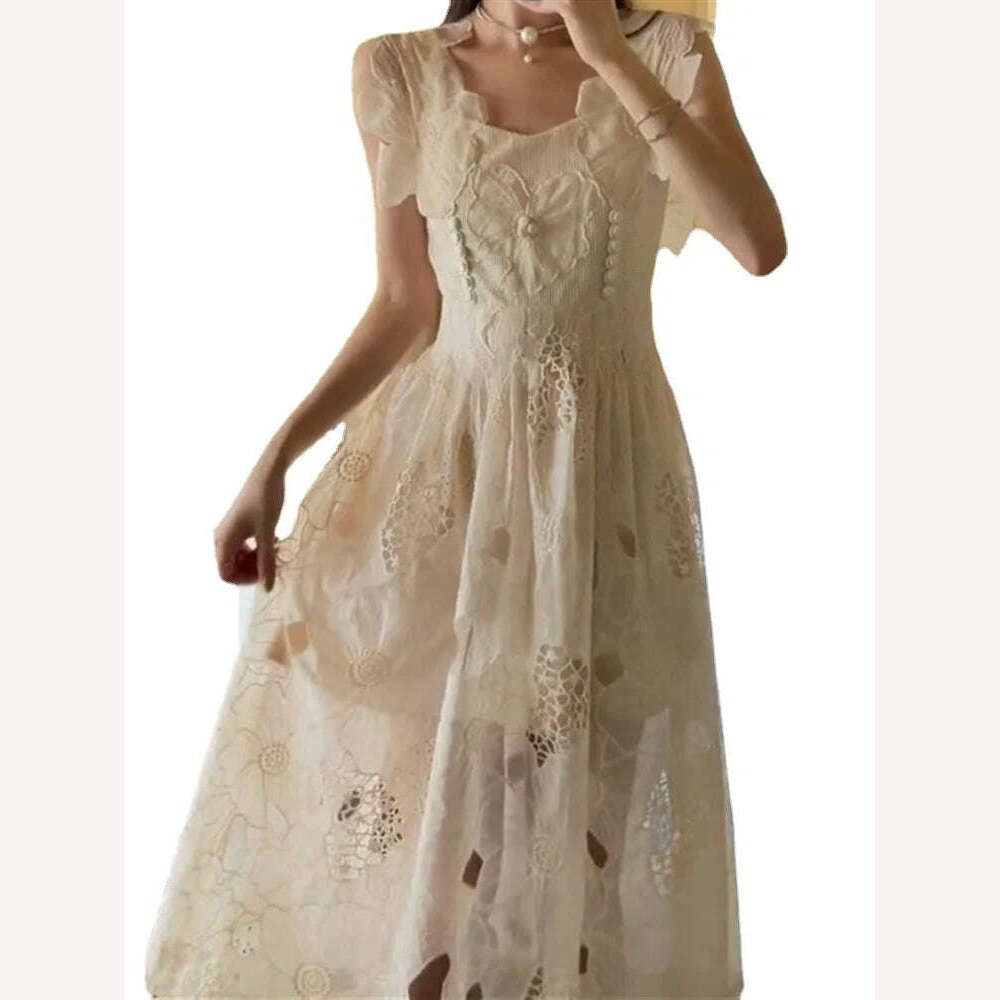 Summer Beach Lace Runway Dress 2022 Sexy Sundress Women Embroidery Backless Boho Party Sleeveless Solid White Woman Vestido Maxi - KIMLUD