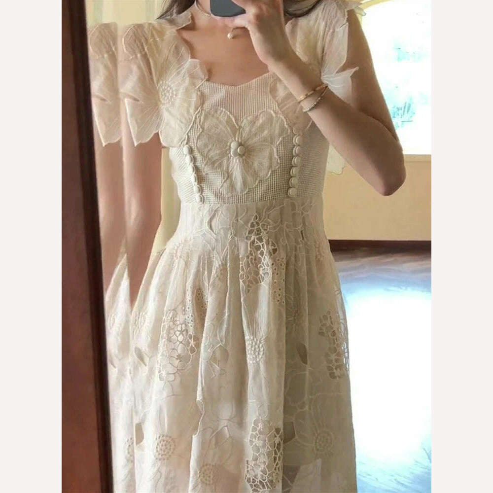 Summer Beach Lace Runway Dress 2022 Sexy Sundress Women Embroidery Backless Boho Party Sleeveless Solid White Woman Vestido Maxi - KIMLUD