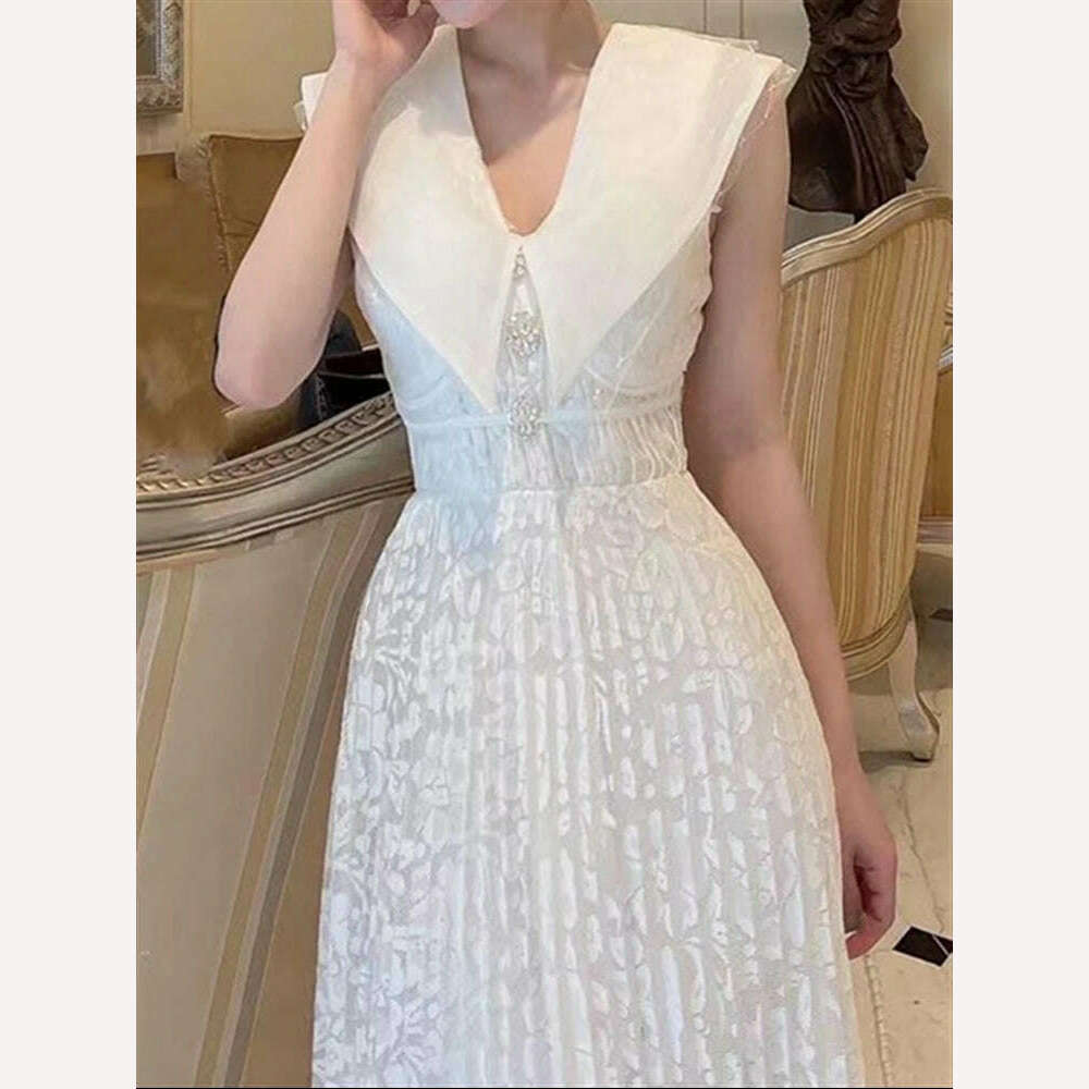 Summer Beach Lace Runway Dress 2022 Sexy Sundress Women Embroidery Backless Boho Party Sleeveless Solid White Woman Vestido Maxi - KIMLUD