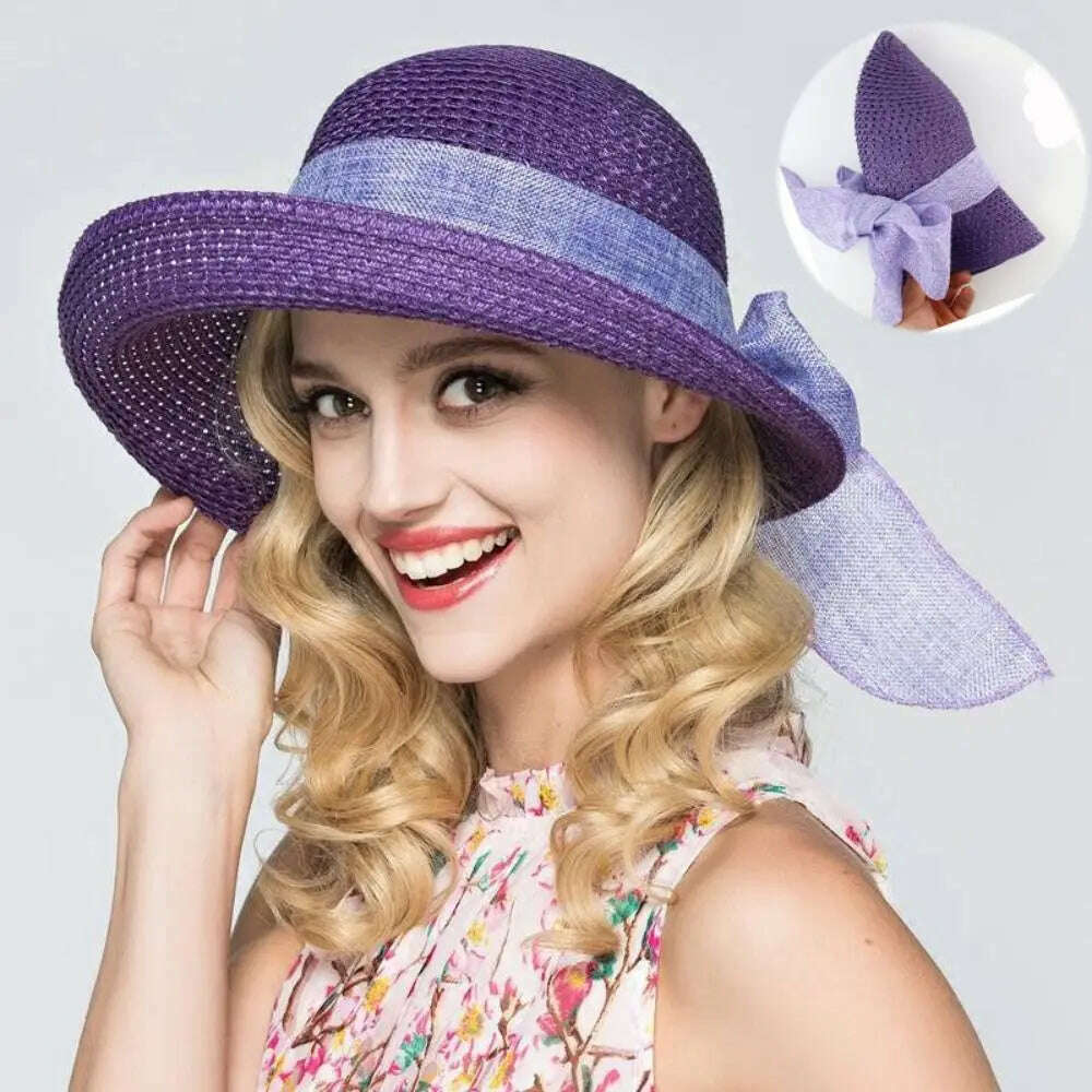 KIMLUD, Summer Bow Ribbon Sun Hat Panama Women's Cap Bonnet Beach Straw Hats, KIMLUD Womens Clothes