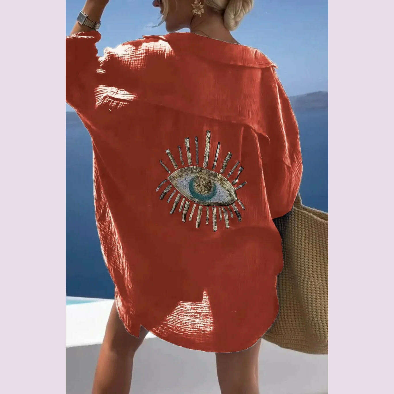 Summer Casual Sequin Eye Shirt Dress Women Fashiona Beach Style Loose Button Sun Protection Cotton Linen Shirt Dress Women - KIMLUD