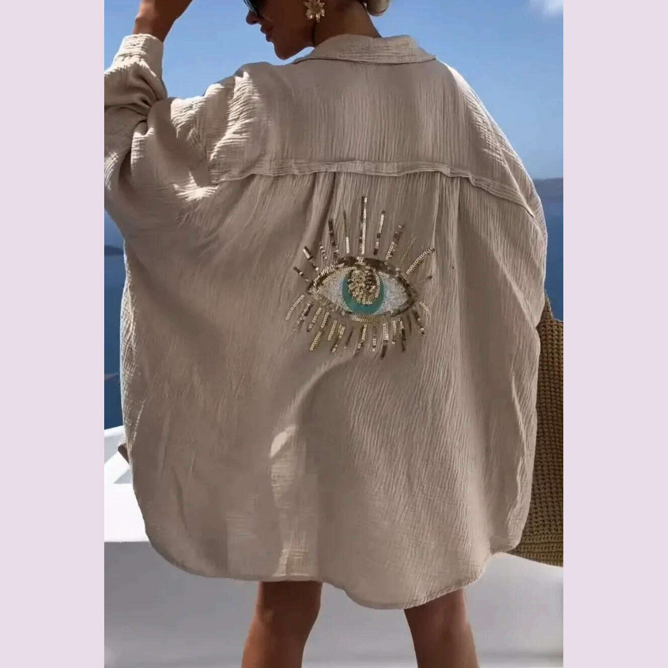 Summer Casual Sequin Eye Shirt Dress Women Fashiona Beach Style Loose Button Sun Protection Cotton Linen Shirt Dress Women - KIMLUD