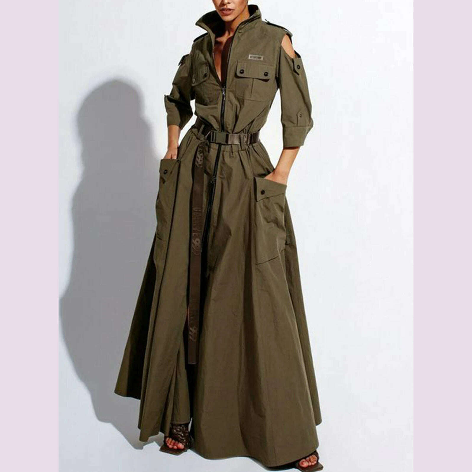 Summer Dress for Women 2024 Retro Turn-down Collar Cold Shoulder Half  Sleeve Zipper Belt Pockets Split High Waist Maxi Dresses