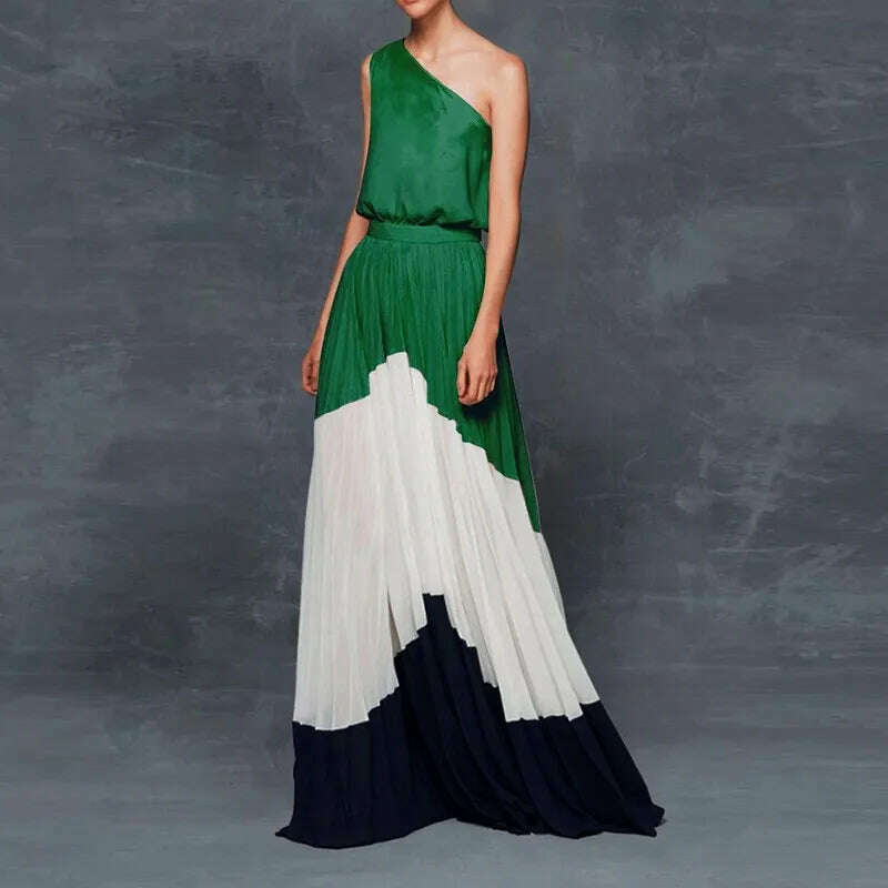 KIMLUD, Summer Dresses 2025 Fashion One Shoulder Sleeveless Splicing Print Off Shoulder Long Dresses Elegant Women Clothing Dress Hot, Greenaboveblackbelow / S, KIMLUD APPAREL - Womens Clothes