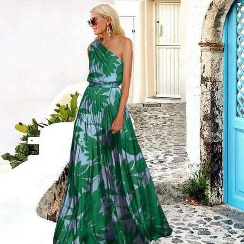 KIMLUD, Summer Dresses 2025 Fashion One Shoulder Sleeveless Splicing Print Off Shoulder Long Dresses Elegant Women Clothing Dress Hot, green / XXXL, KIMLUD APPAREL - Womens Clothes