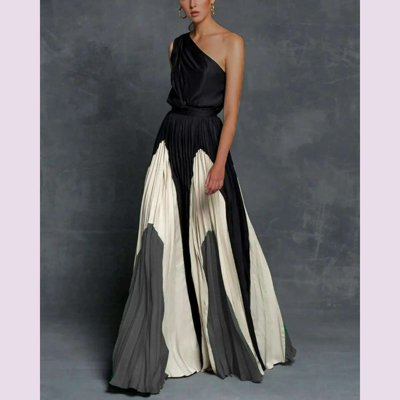 KIMLUD, Summer Dresses 2025 Fashion One Shoulder Sleeveless Splicing Print Off Shoulder Long Dresses Elegant Women Clothing Dress Hot, black grey / L, KIMLUD APPAREL - Womens Clothes