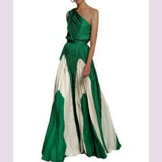 KIMLUD, Summer Dresses 2025 Fashion One Shoulder Sleeveless Splicing Print Off Shoulder Long Dresses Elegant Women Clothing Dress Hot, all green / XXL, KIMLUD APPAREL - Womens Clothes