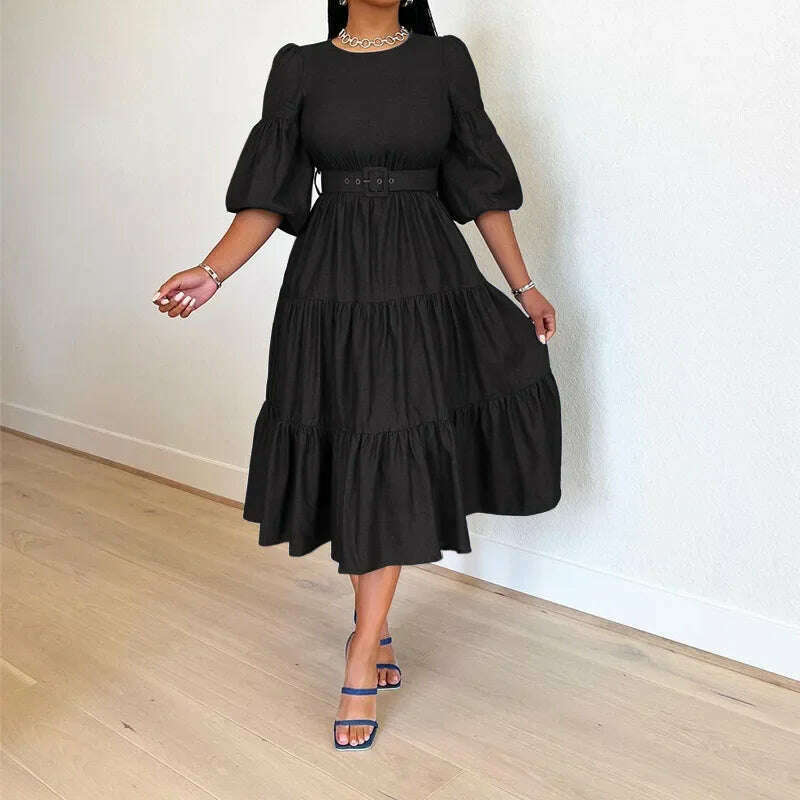 KIMLUD, Summer Dresses Women Pleated Large Swing Skirt Round Neck Puff Medium Sleeved Denim Skirts Belt Long Womens Solid Dresses, black / S, KIMLUD APPAREL - Womens Clothes