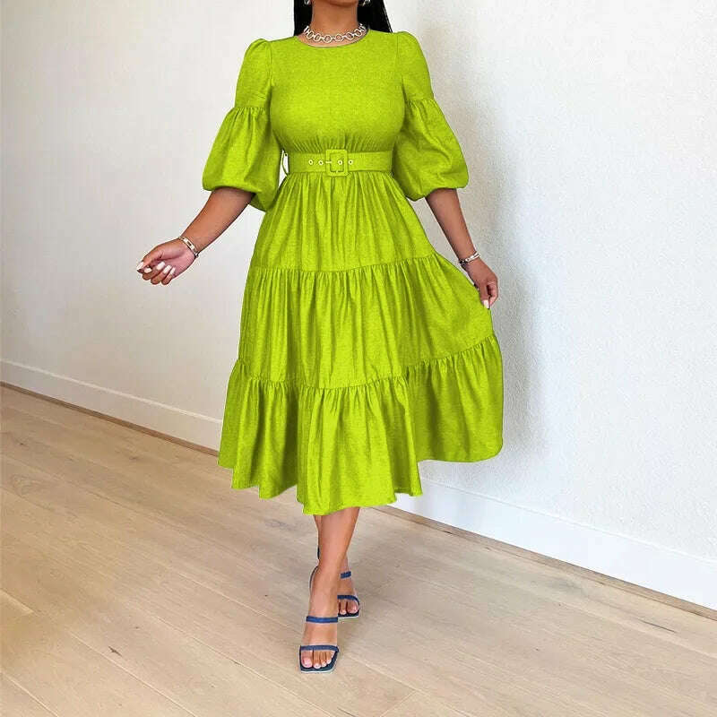 KIMLUD, Summer Dresses Women Pleated Large Swing Skirt Round Neck Puff Medium Sleeved Denim Skirts Belt Long Womens Solid Dresses, KIMLUD Womens Clothes