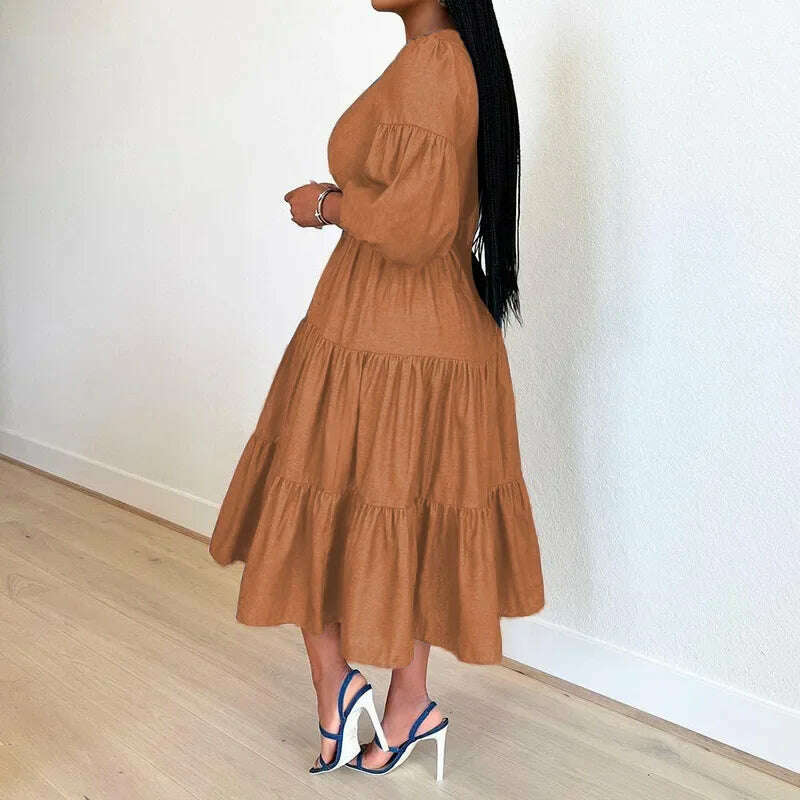 KIMLUD, Summer Dresses Women Pleated Large Swing Skirt Round Neck Puff Medium Sleeved Denim Skirts Belt Long Womens Solid Dresses, KIMLUD Womens Clothes