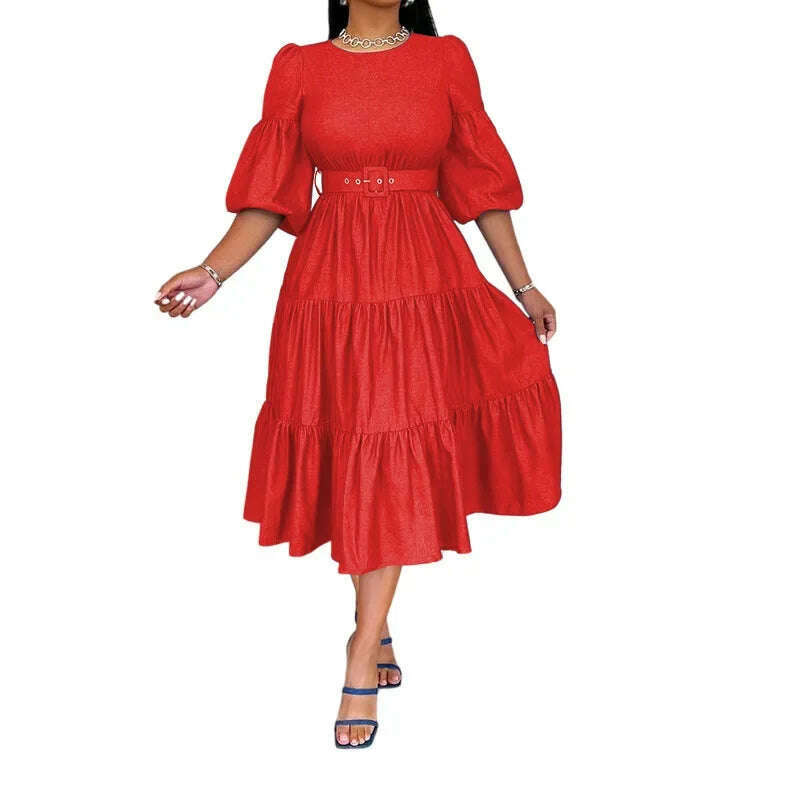 KIMLUD, Summer Dresses Women Pleated Large Swing Skirt Round Neck Puff Medium Sleeved Denim Skirts Belt Long Womens Solid Dresses, KIMLUD Womens Clothes