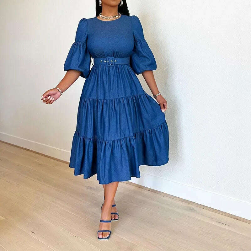 KIMLUD, Summer Dresses Women Pleated Large Swing Skirt Round Neck Puff Medium Sleeved Denim Skirts Belt Long Womens Solid Dresses, blue / S, KIMLUD APPAREL - Womens Clothes