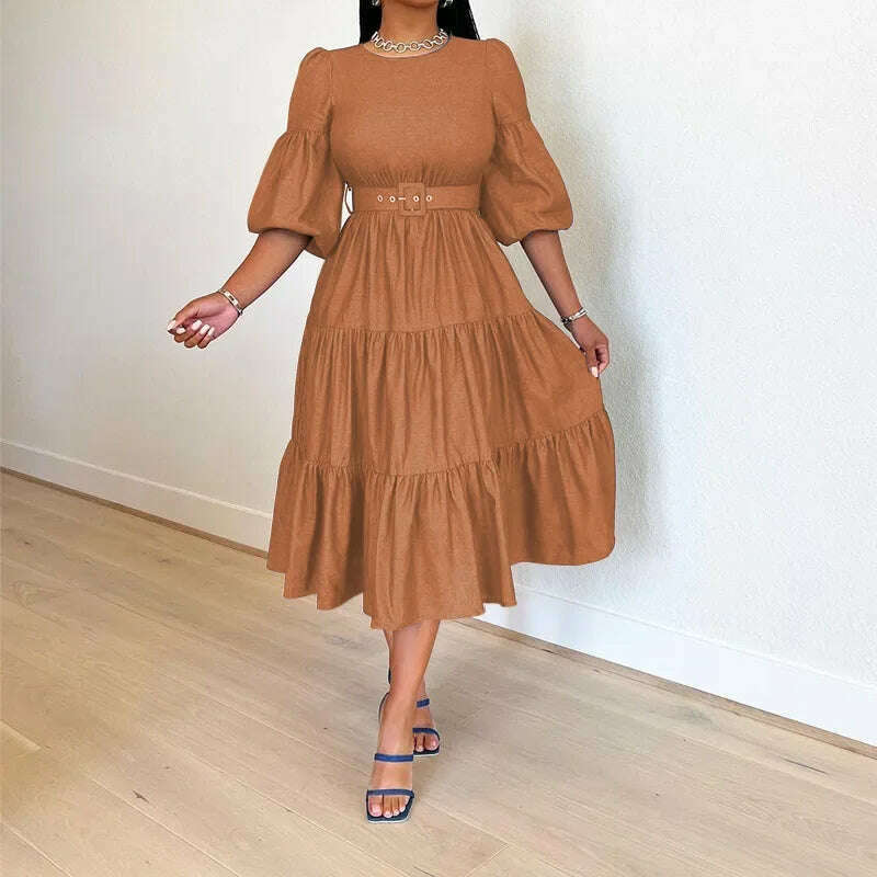 KIMLUD, Summer Dresses Women Pleated Large Swing Skirt Round Neck Puff Medium Sleeved Denim Skirts Belt Long Womens Solid Dresses, brown / S, KIMLUD APPAREL - Womens Clothes