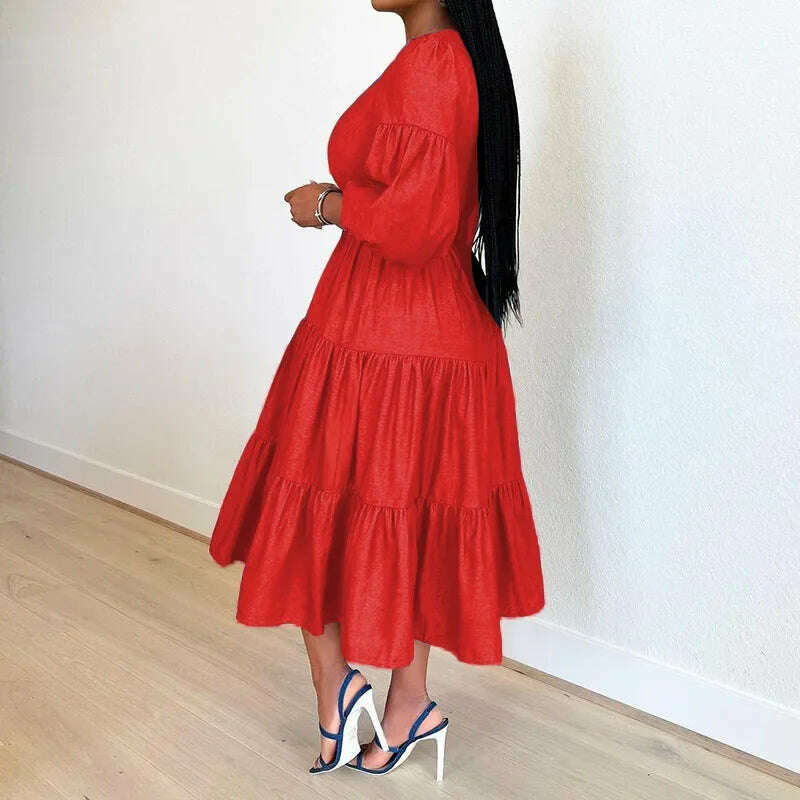 KIMLUD, Summer Dresses Women Pleated Large Swing Skirt Round Neck Puff Medium Sleeved Denim Skirts Belt Long Womens Solid Dresses, KIMLUD Womens Clothes