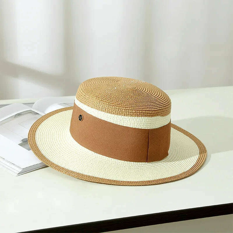 KIMLUD, Summer Elegant Retro Women Flat Top Straw Hat Trip Caps Leisure Beach Sun Hats M Letter Breathable Flower Beach Hat, Khaki / 56-58cm, KIMLUD APPAREL - Womens Clothes