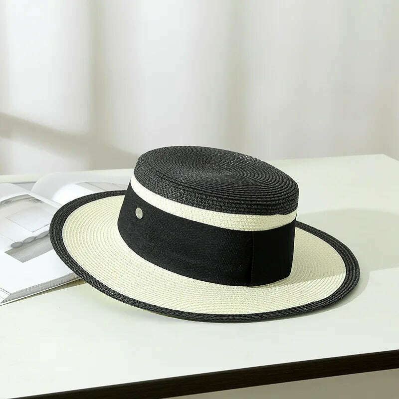 KIMLUD, Summer Elegant Retro Women Flat Top Straw Hat Trip Caps Leisure Beach Sun Hats M Letter Breathable Flower Beach Hat, Black / 56-58cm, KIMLUD APPAREL - Womens Clothes