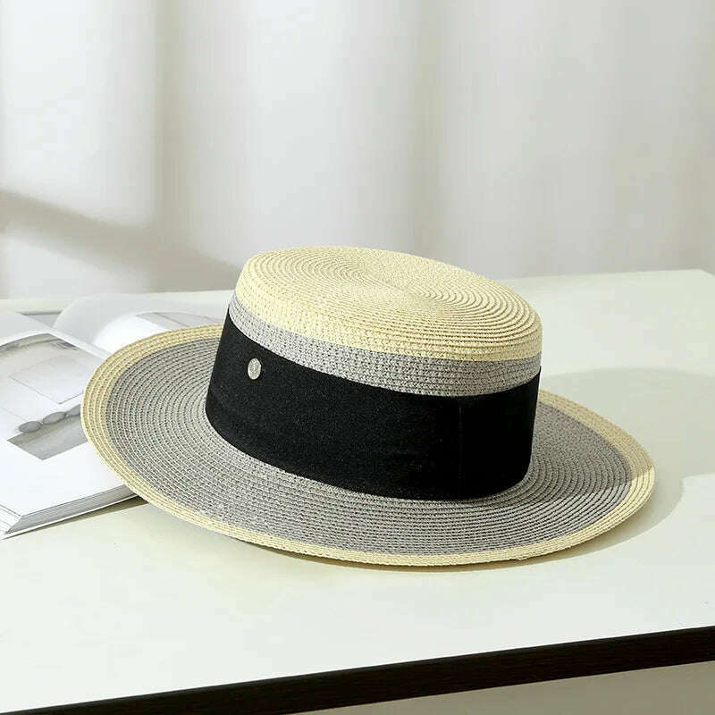 KIMLUD, Summer Elegant Retro Women Flat Top Straw Hat Trip Caps Leisure Beach Sun Hats M Letter Breathable Flower Beach Hat, Beige / 56-58cm, KIMLUD APPAREL - Womens Clothes