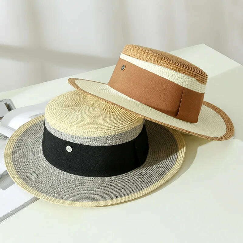 KIMLUD, Summer Elegant Retro Women Flat Top Straw Hat Trip Caps Leisure Beach Sun Hats M Letter Breathable Flower Beach Hat, KIMLUD Womens Clothes