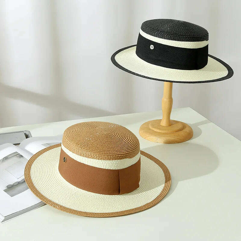 KIMLUD, Summer Elegant Retro Women Flat Top Straw Hat Trip Caps Leisure Beach Sun Hats M Letter Breathable Flower Beach Hat, KIMLUD Womens Clothes