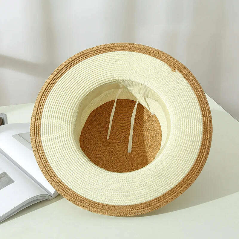 KIMLUD, Summer Elegant Retro Women Flat Top Straw Hat Trip Caps Leisure Beach Sun Hats M Letter Breathable Flower Beach Hat, KIMLUD Womens Clothes