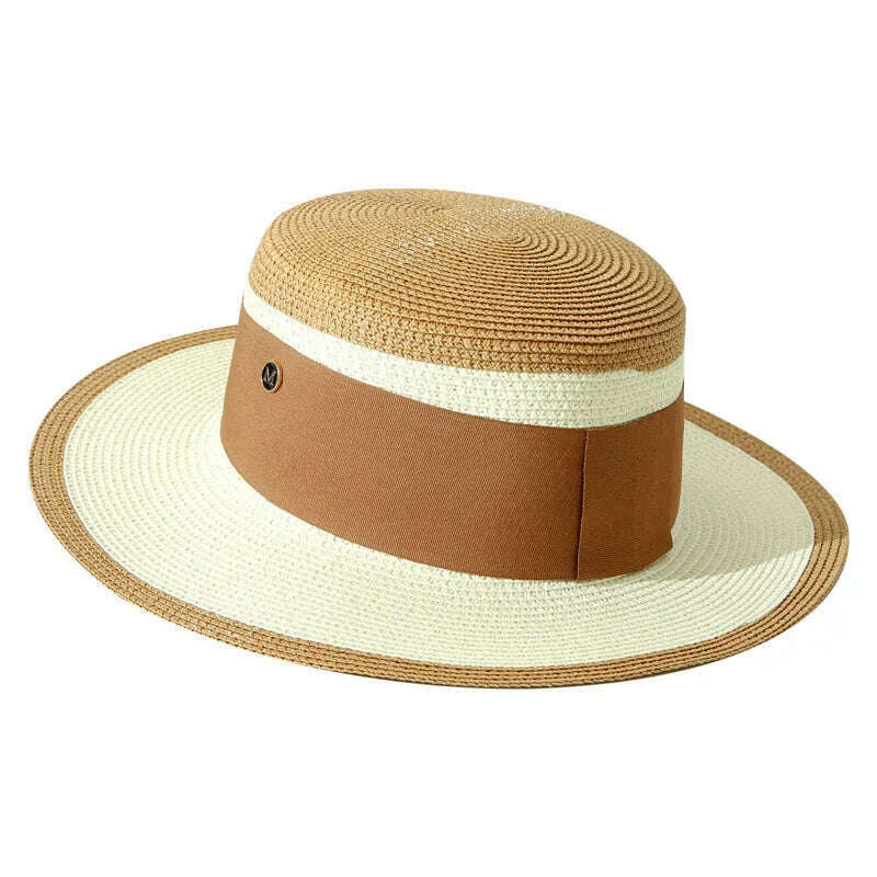 KIMLUD, Summer Elegant Retro Women Flat Top Straw Hat Trip Caps Leisure Beach Sun Hats M Letter Breathable Flower Beach Hat, KIMLUD Womens Clothes
