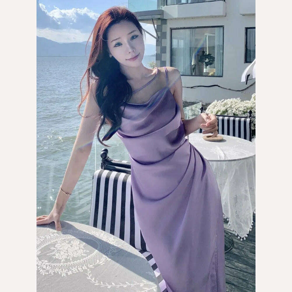 KIMLUD, Summer Elegant Satin Graduation Party Midi Dress Women France Chic Slim Spaghetti Straps Robe Korean Folds Clothes, purple / S, KIMLUD Womens Clothes