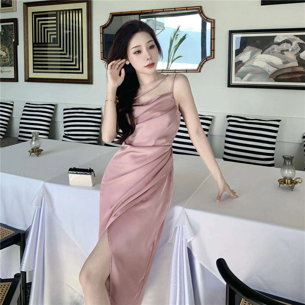 KIMLUD, Summer Elegant Satin Graduation Party Midi Dress Women France Chic Slim Spaghetti Straps Robe Korean Folds Clothes, KIMLUD Womens Clothes