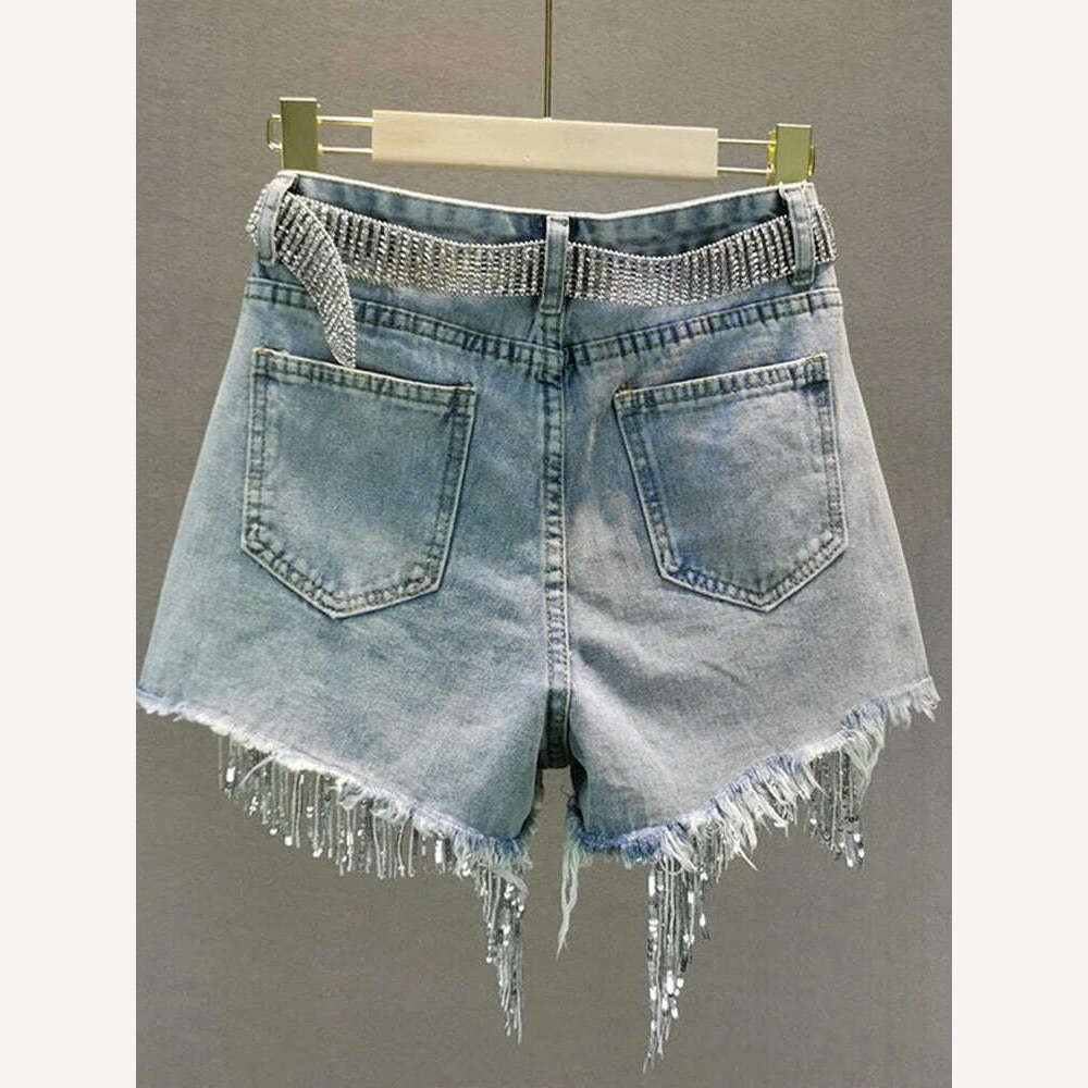 Summer Elegant Shorts Lady Tassel Beading High Waist Wide Leg Denim Shorts Female Casual Solid Shorts Jeans for Women Clothing - KIMLUD