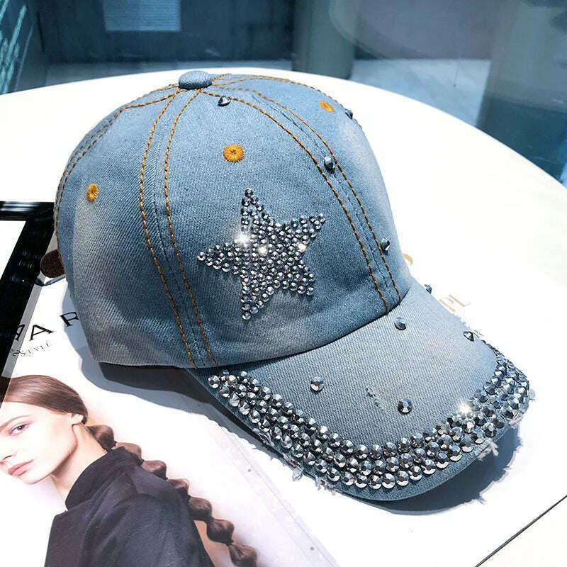 KIMLUD, Summer Hats for Women Rhinestone Denim Baseball Cap Snapback Kpop Fashion Peaked Caps Pearl Visor Beach Sun Hat Designer Outdoor, 8 / 54-60CM, KIMLUD APPAREL - Womens Clothes
