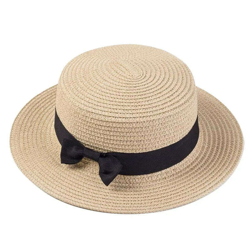 KIMLUD, Summer Hats For Women Sun Hat Beach Ladies Fashion Flat Brom Bowknot Panama Lady Casual Sun Hats For Women Straw Hat, Beige / Adult Size56-58cm, KIMLUD Womens Clothes
