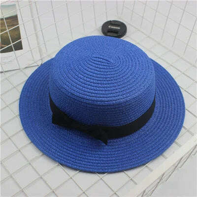 KIMLUD, Summer Hats For Women Sun Hat Beach Ladies Fashion Flat Brom Bowknot Panama Lady Casual Sun Hats For Women Straw Hat, Royal Blue / Adult Size56-58cm, KIMLUD APPAREL - Womens Clothes