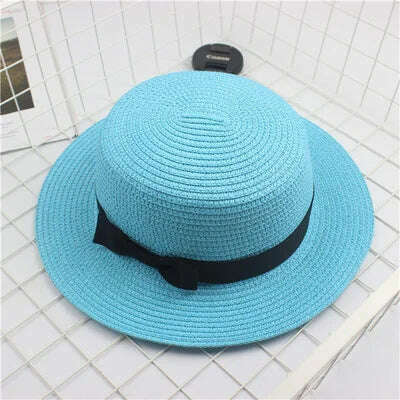 KIMLUD, Summer Hats For Women Sun Hat Beach Ladies Fashion Flat Brom Bowknot Panama Lady Casual Sun Hats For Women Straw Hat, Sky Blue / Child Size 51-54cm, KIMLUD APPAREL - Womens Clothes