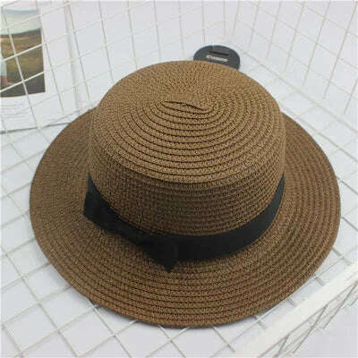 KIMLUD, Summer Hats For Women Sun Hat Beach Ladies Fashion Flat Brom Bowknot Panama Lady Casual Sun Hats For Women Straw Hat, Brown / Adult Size56-58cm, KIMLUD APPAREL - Womens Clothes