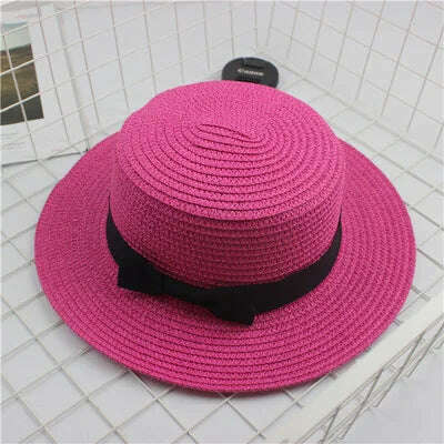 KIMLUD, Summer Hats For Women Sun Hat Beach Ladies Fashion Flat Brom Bowknot Panama Lady Casual Sun Hats For Women Straw Hat, Rose Red / Adult Size56-58cm, KIMLUD APPAREL - Womens Clothes