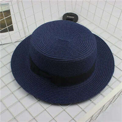 KIMLUD, Summer Hats For Women Sun Hat Beach Ladies Fashion Flat Brom Bowknot Panama Lady Casual Sun Hats For Women Straw Hat, Navy / Adult Size56-58cm, KIMLUD APPAREL - Womens Clothes