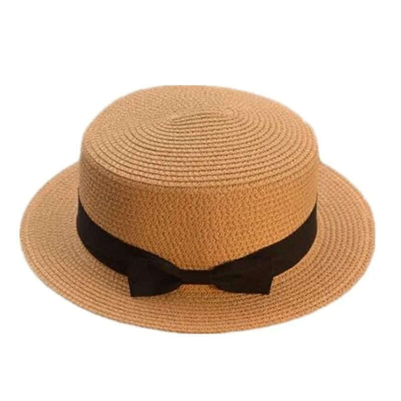 KIMLUD, Summer Hats For Women Sun Hat Beach Ladies Fashion Flat Brom Bowknot Panama Lady Casual Sun Hats For Women Straw Hat, Khaki / Adult Size56-58cm, KIMLUD APPAREL - Womens Clothes