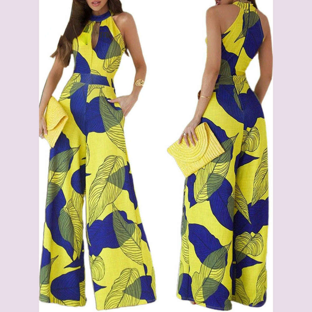 Summer Jumpsuits for Women 2024 Elegant Night Party Sexy Sleeveless Halter Printed High Waist Wide Leg Jumpsuit Women Vacation - KIMLUD
