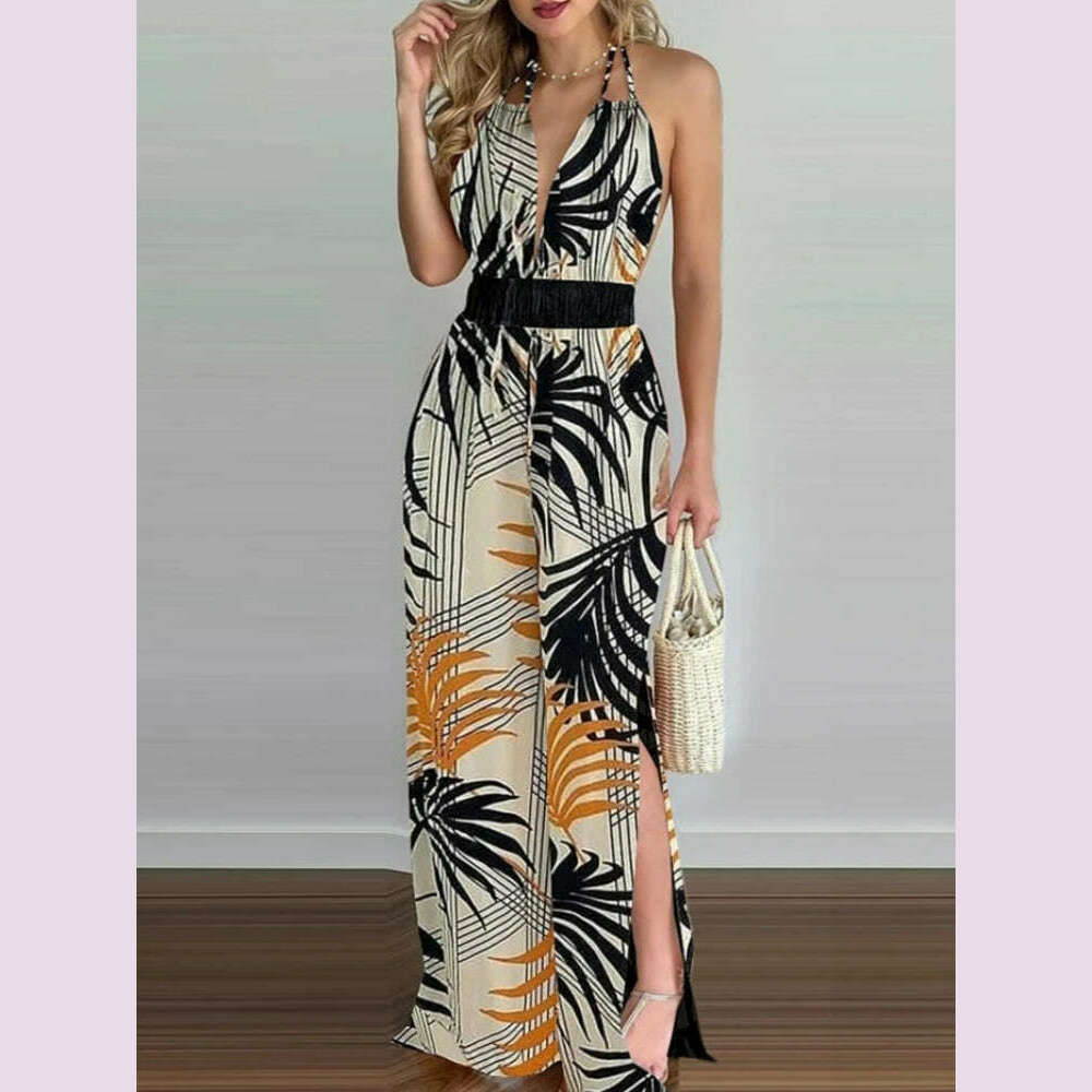 Summer Jumpsuits for Women 2024 Elegant Night Party Sexy Sleeveless Halter Printed High Waist Wide Leg Jumpsuit Women Vacation - KIMLUD